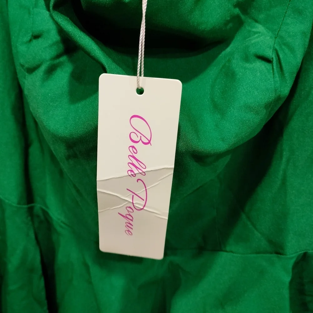 Belle Poque Emerald Green Off Shoulder Midi Dress Puff Sleeve Size L NWT